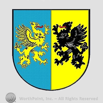 Heraldry: shield, two griffins.