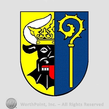 Heraldry: shield, monastery stick, crown, bull head.