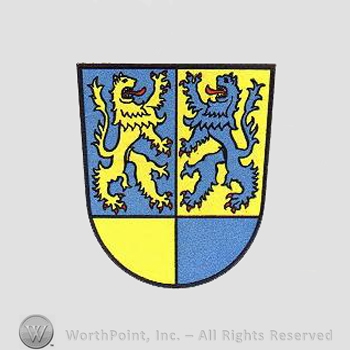 Heraldry: shield, lions.