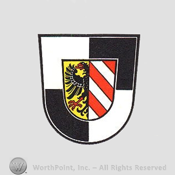 Heraldry: shield, small shield, eagle, red bars.