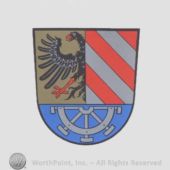 Heraldry: shield, eagle, red bars, wheel.