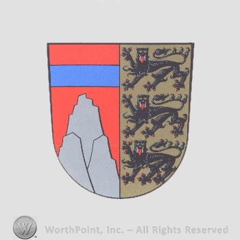 Heraldry: shield, three lions, blue line, mountains.