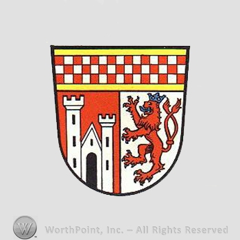 Heraldry: shield, lion rampant, castle, chequered field.