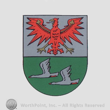 Heraldry: shield, eagle, two swans.