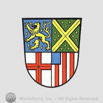 Heraldry: shield, lion, crosses, red lines.
