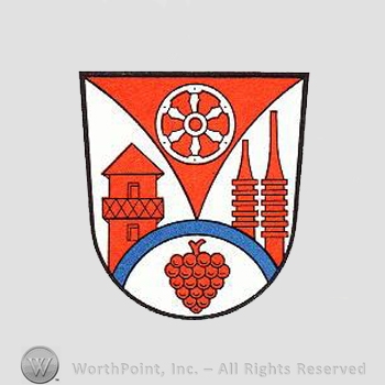 Heraldry: shield, grapes, wheel, castle, pipes.