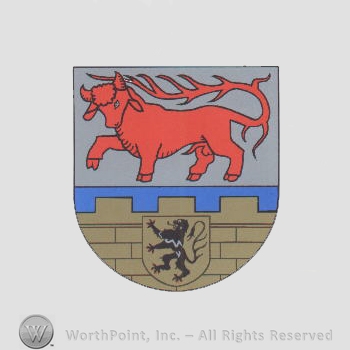 Heraldry: shield, bull, wall, small shield, lion.