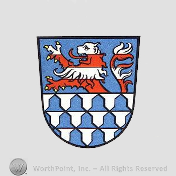 Heraldry: red and white lion, bells, shield.