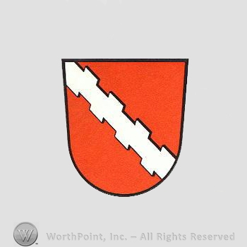 Heraldry: shield, white bar.