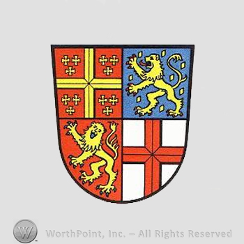 Heraldry: shield, lions, crosses, flowers.