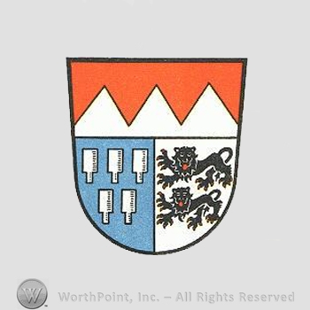 Heraldry: shield, lions, dents, five small piles.