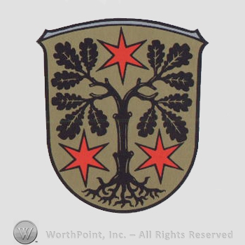 Heraldry: shield, tree, red stars.