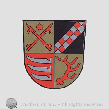 Heraldry: shield, star, spears, antler, knives, squares pattern.