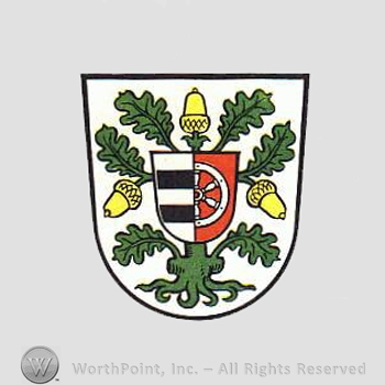 Heraldry: shield, small shield, oak tree, acorns, half wheel.