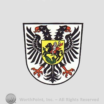 Heraldry: shield, double heads eagle, small shield, horse, knight.