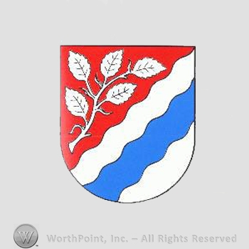 Heraldry: shield, leaves, wavy lines.