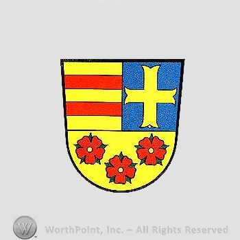 Heraldry: shield, cross, roses, red lines.