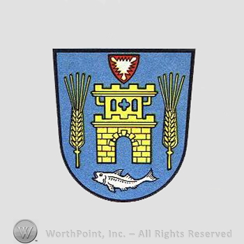 Heraldry: shield, wheat spice, fish, small shield, castle tower.