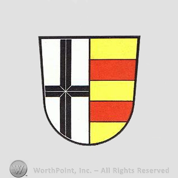 Heraldry: shield, cross, red bars.