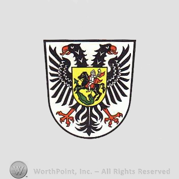 Heraldry: shield, double heads eagle, small shield, horse, knight.
