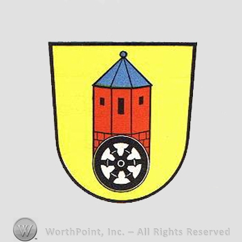 Heraldry: shield, wheel, castle.