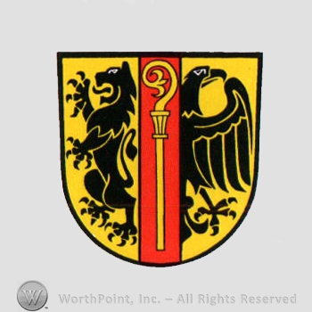 Heraldry: shield, lion, eagle, monastery stick.