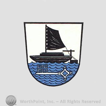 Heraldry: shield, ship, key, wavy lines.