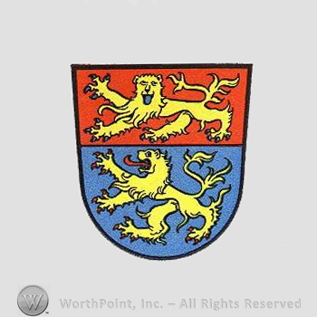 Heraldry: shield, two lions.