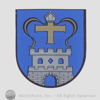 Heraldry: shield, cross, priest hat, castle tower.