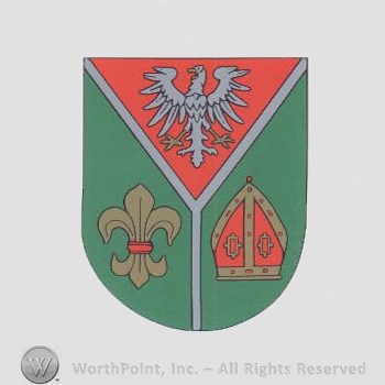 Heraldry: shield, eagle, fleur-de-lis, priest hat.