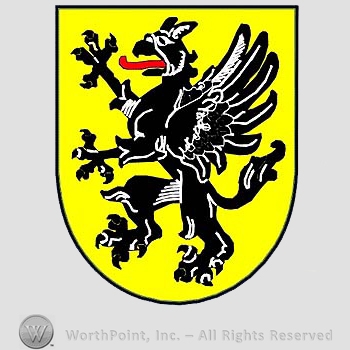 Heraldry: shiled, griffin.