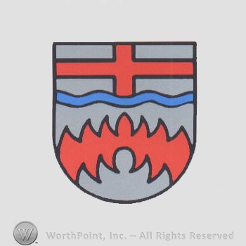 Heraldry: shield, wavy line, dents.