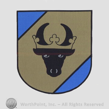 Heraldry: shield, bull head, crown.