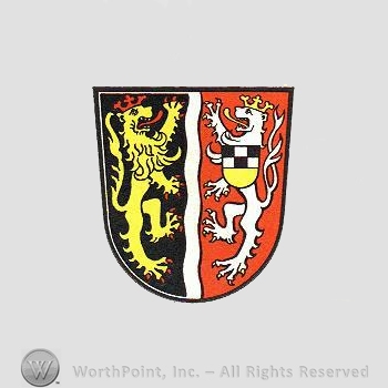Heraldry: shield, lions, crowns, small shield, wavy line.