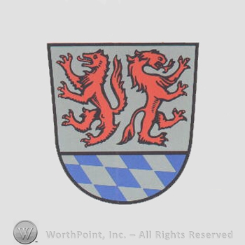 Heraldry: shield, lion, griffin, diamonds pattern.