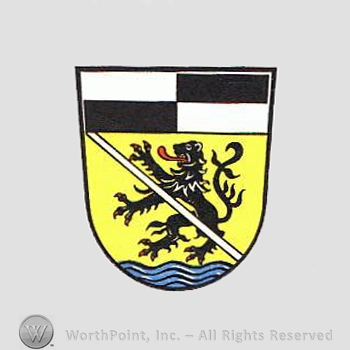 Heraldry: shield, wavy lines, black and white rectangles.