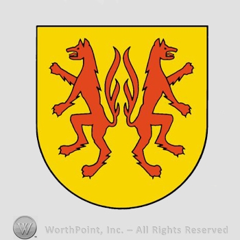 Heraldry: shield, wolves.