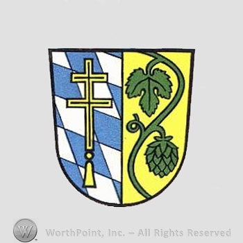 Heraldry: shield, cross, branch of hops, diamonds pattern.