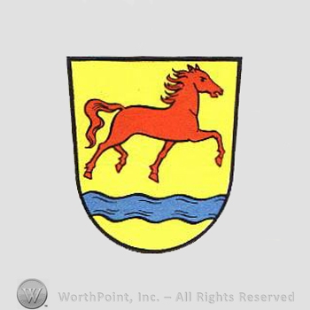 Heraldry: shield, horse, wavy line.