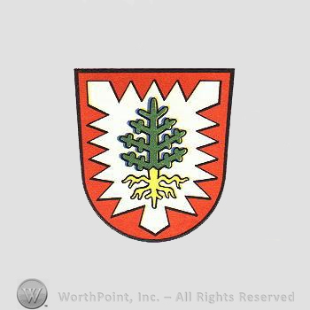Heraldry: shield, leaf, pine tree.
