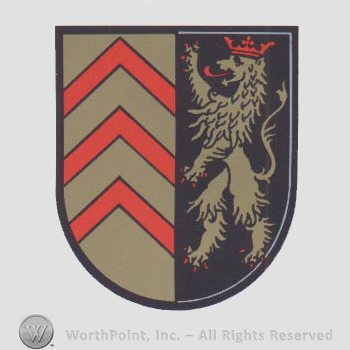 Heraldry: shield, lion rampant, crown, red lines.