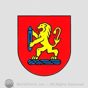 Heraldry: shield, shuttle, lion.