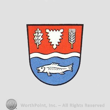 Heraldry: shield, leaves, fish, wheat spice, wavy line.
