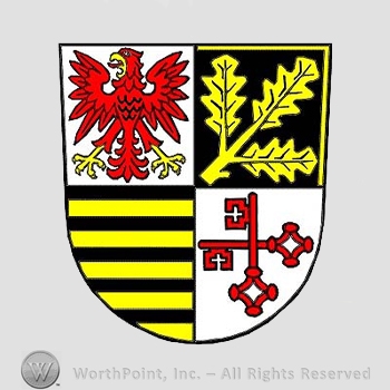 Heraldry: shield, eagle, oak leaves, keyes, black lines.