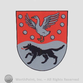 Heraldry: shield, goose, wolf, small dots.