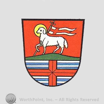 Heraldry: shield, sheep, cross, flag, moon.