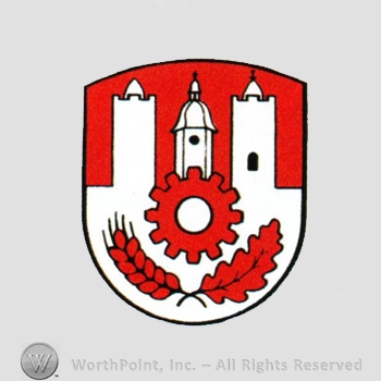 Heraldry: shield, castle, gear wheel, leaf, wheat spice.