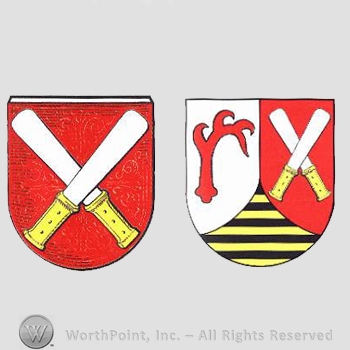 Heraldry: two shields, knives, antler, yellow lines.