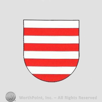 Heraldry: shield and red bars.