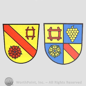 Heraldry: shields, grapes, roses, red bars.